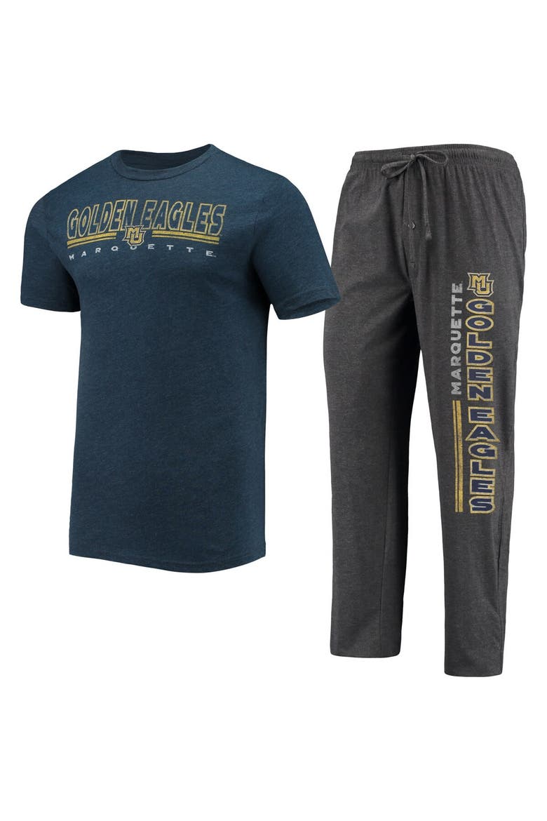 Men's Concepts Sport Heathered Charcoal/Navy Marquette Golden Eagles Meter T-Shirt & Pants Sleep Set, Main, color, Heather Charcoal