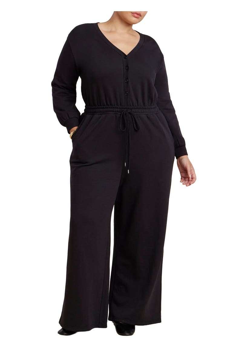 ELOQUII Elements Button Up Long Sleeve Jumpsuit, Main, color, Black Onyx
