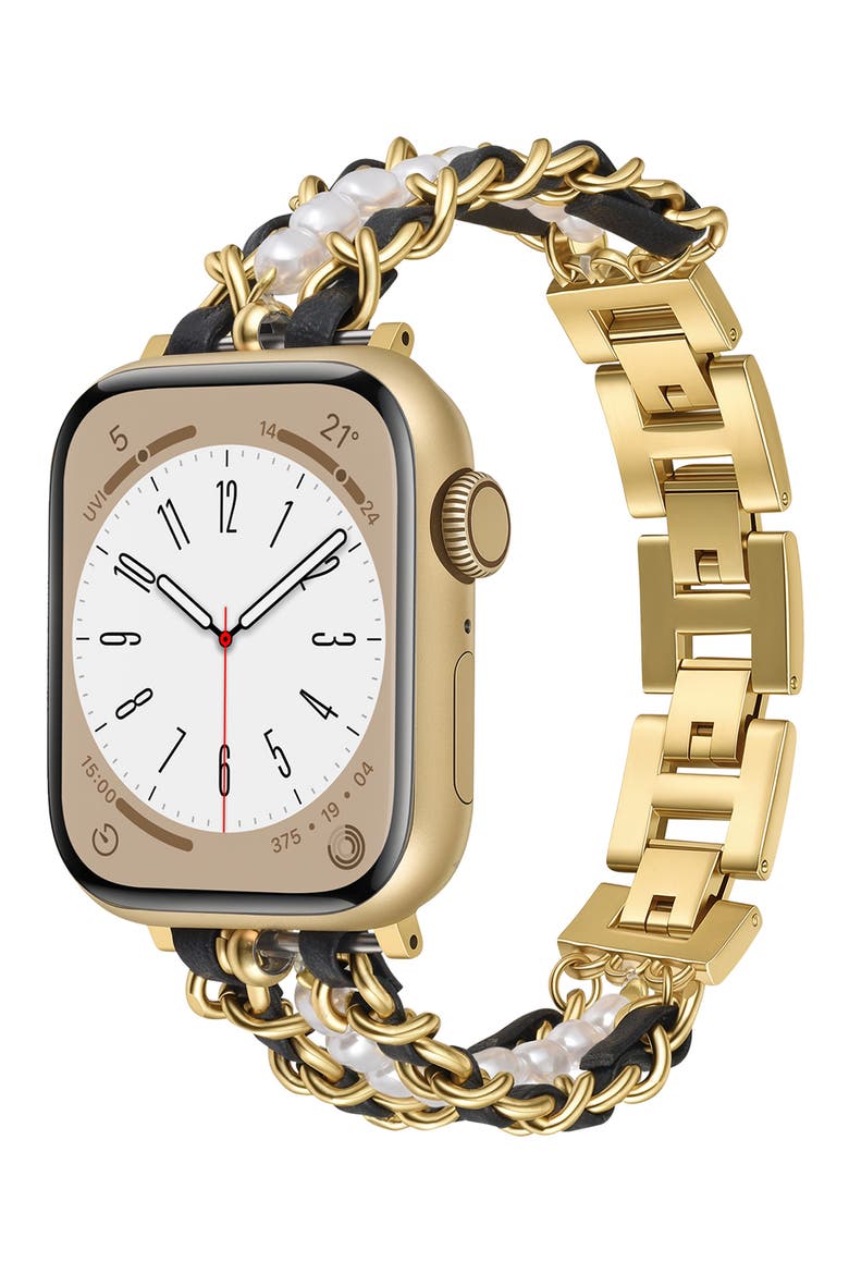 Imitation Pearl and Leather Chain Watchband, Alternate, color, GOLD