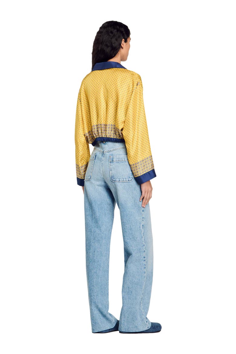 Short patterned flowing silk shirt, Alternate, color, Yellow / blu