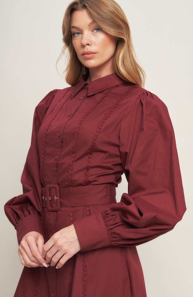 FLYING TOMATO Long Sleeve Solid Midi Shirtdress, Alternate, color, Burgundy