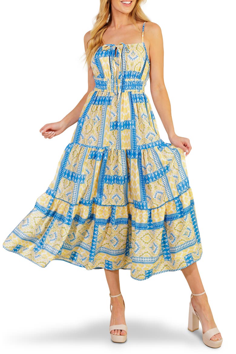 Patchwork Print Tiered Midi Dress, Main, color, BLUE/ IVORY