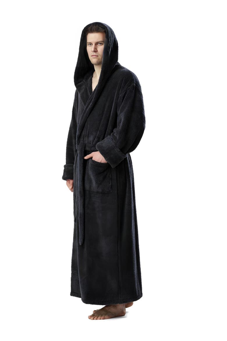 Men's Hooded Long Fleece Robe, Alternate, color, Black