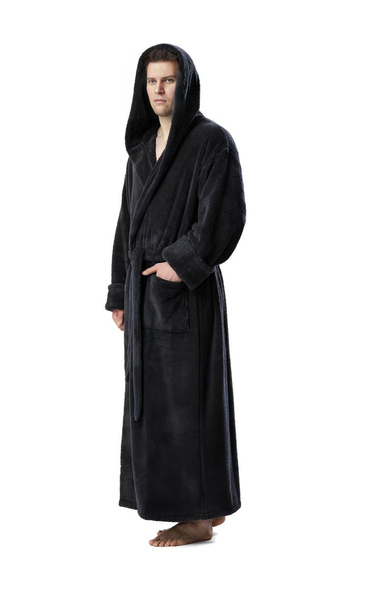 ARUS Men's Hooded Long Fleece Robe, Alternate, color, Black