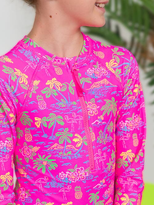 Shop Rufflebutts Girls Upf50+ Sun Protection Long Sleeve Rash Guard One Piece In Neon Island Time