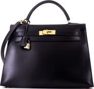 Pre-Owned Hermes Kelly Handbag Black Box Calf with Gold Hardware 32