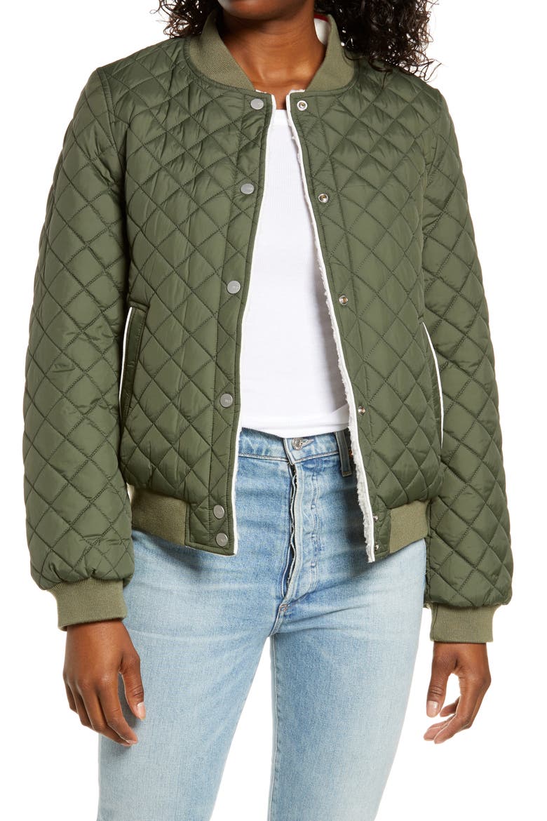 Reversible Quilted & Faux Shearling Bomber Jacket, Main, color, OLIVE / CREAM