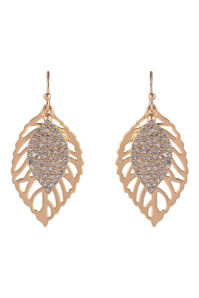 Pavé Open Leaf Drop Earrings, Main, color, GOLD