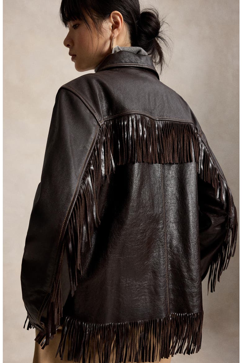 Fringe Trim Leather Shirt, Alternate, color, DARK CHOCOLATE