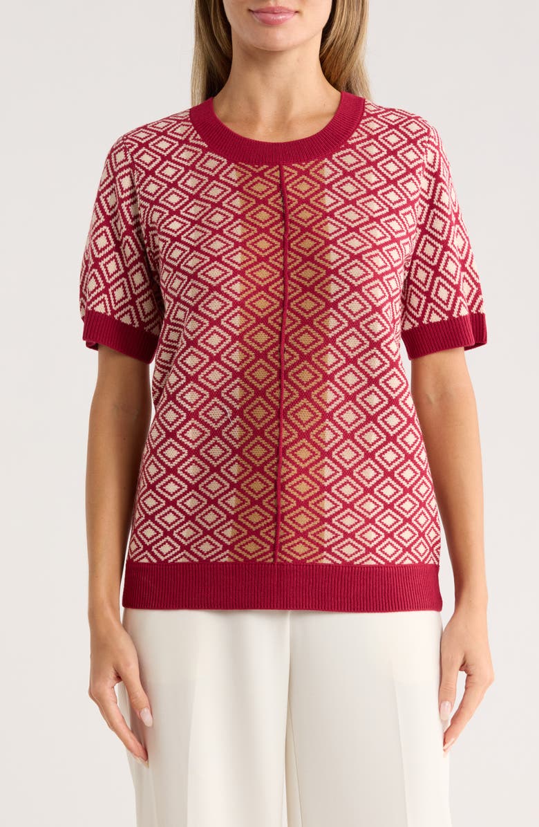 DR2 by Daniel Rainn Geometric Jacquard Short Sleeve Sweater, Main, color, Goji Berry