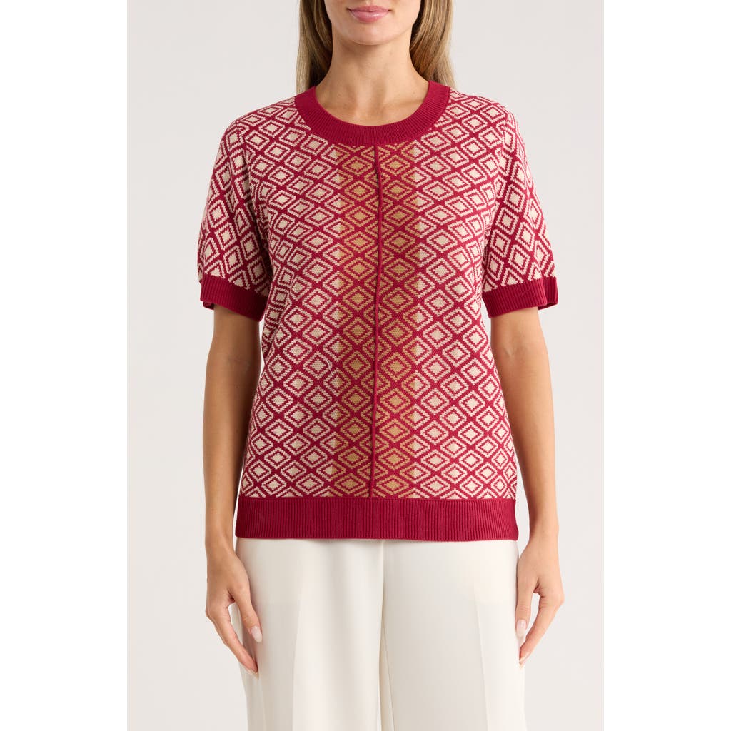 Dr2 By Daniel Rainn Geometric Jacquard Short Sleeve Sweater In Red