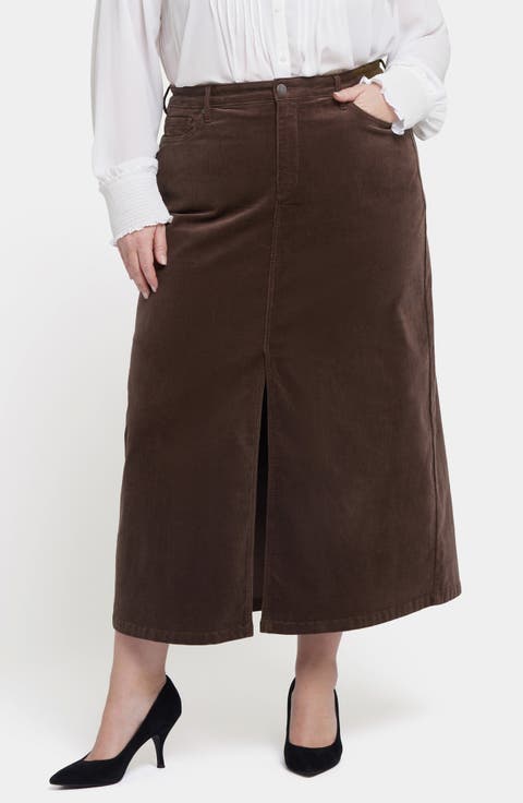High Waist Slit Front Corduroy Maxi Skirt (Plus)