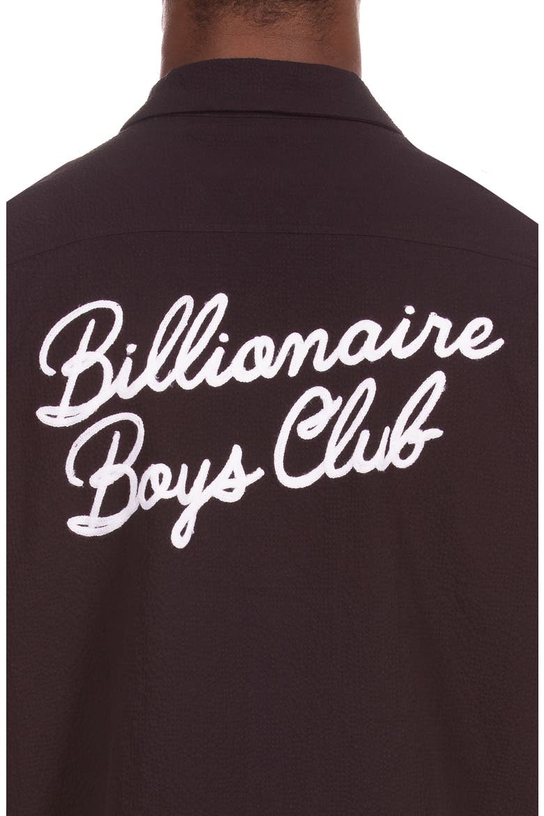 BB Script Embroidered Cotton Seersucker Camp Shirt, Alternate, color, BLACK