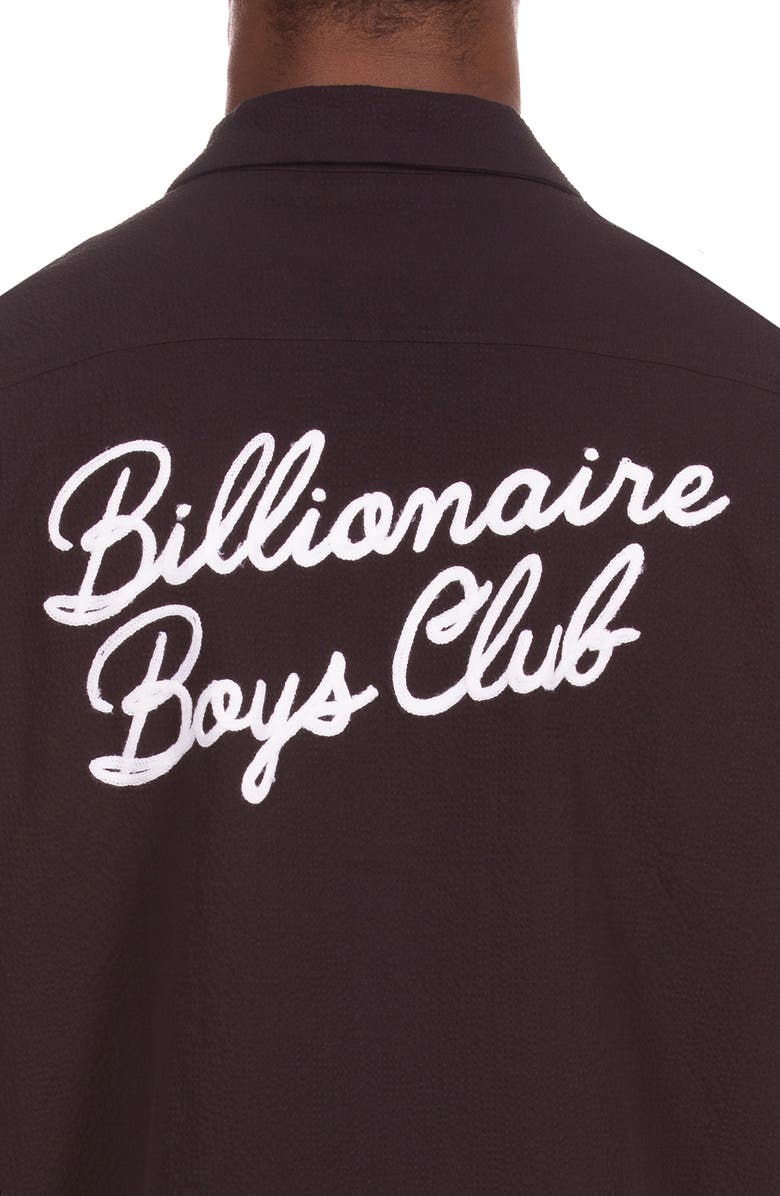 Billionaire Boys Club BB Script Embroidered Cotton Seersucker Camp Shirt, Alternate, color, Black