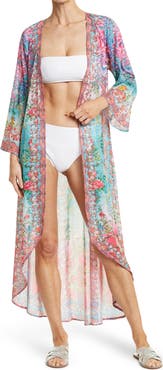RANEES Bright Printed Pink Blooms Flare Sleeve Cover-Up Duster