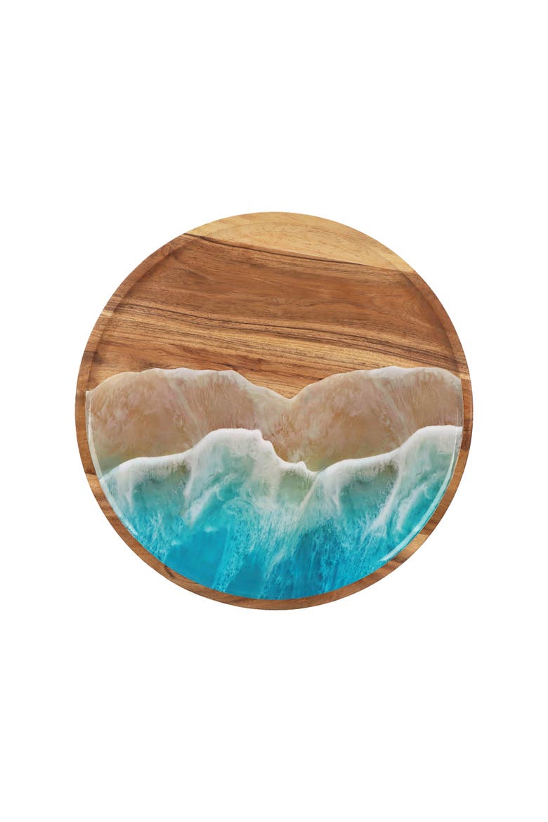 Blue Wave on Wood Lazy Susan Chip and Dip Round Serving Tray, Main, color, Blue
