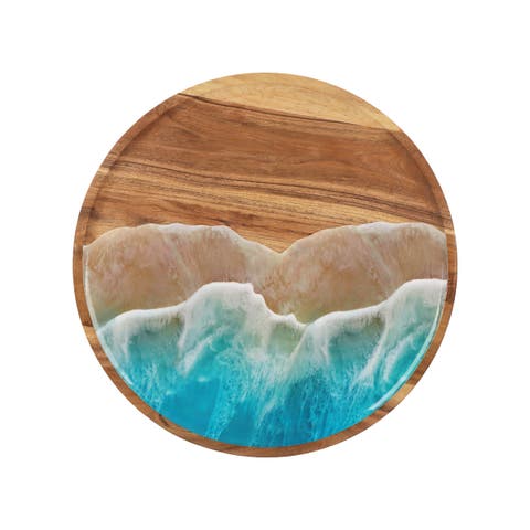 Blue Wave on Wood Lazy Susan Chip and Dip Round Serving Tray