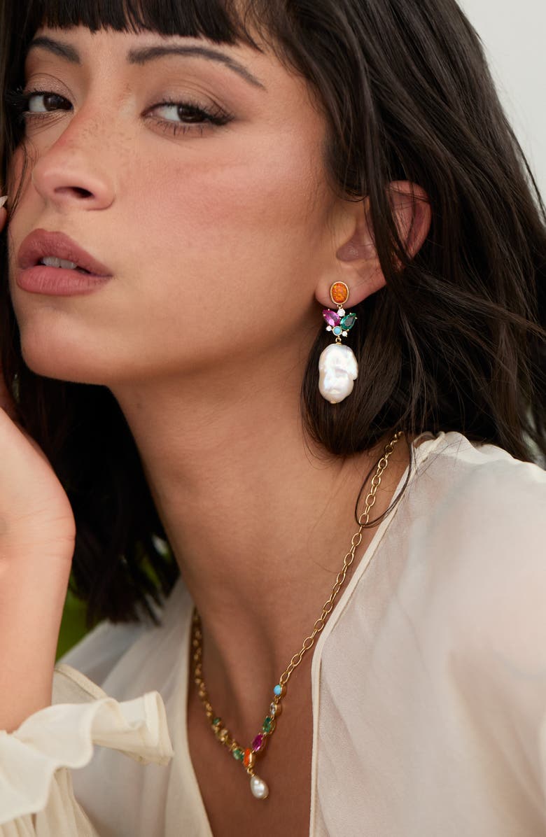 Nadri Frieda Cubic Zirconia & Freshwater Pearl Drop Earrings, Alternate, color, Gold