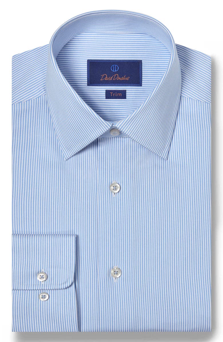 David Donahue Trim Fit Stripe Cotton Twill Dress Shirt, Main, color, White/ Blue