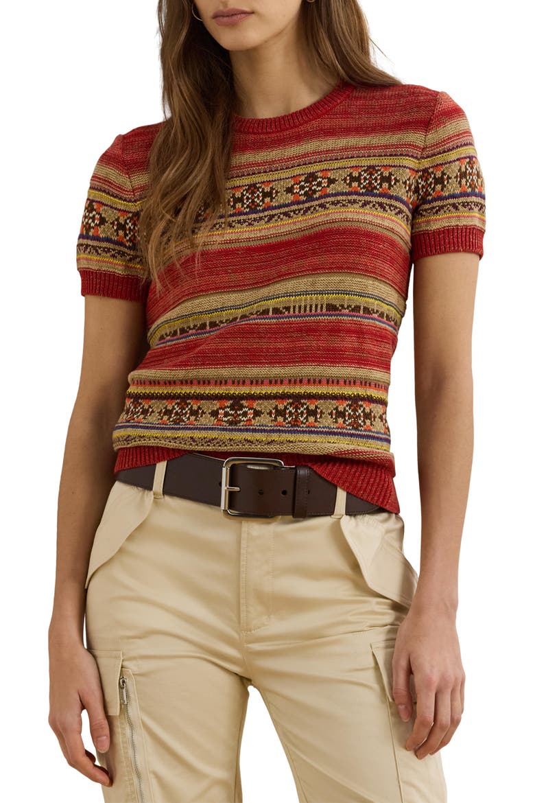 Geo Stripe Short Sleeve Sweater, Main, color, RED MULTI