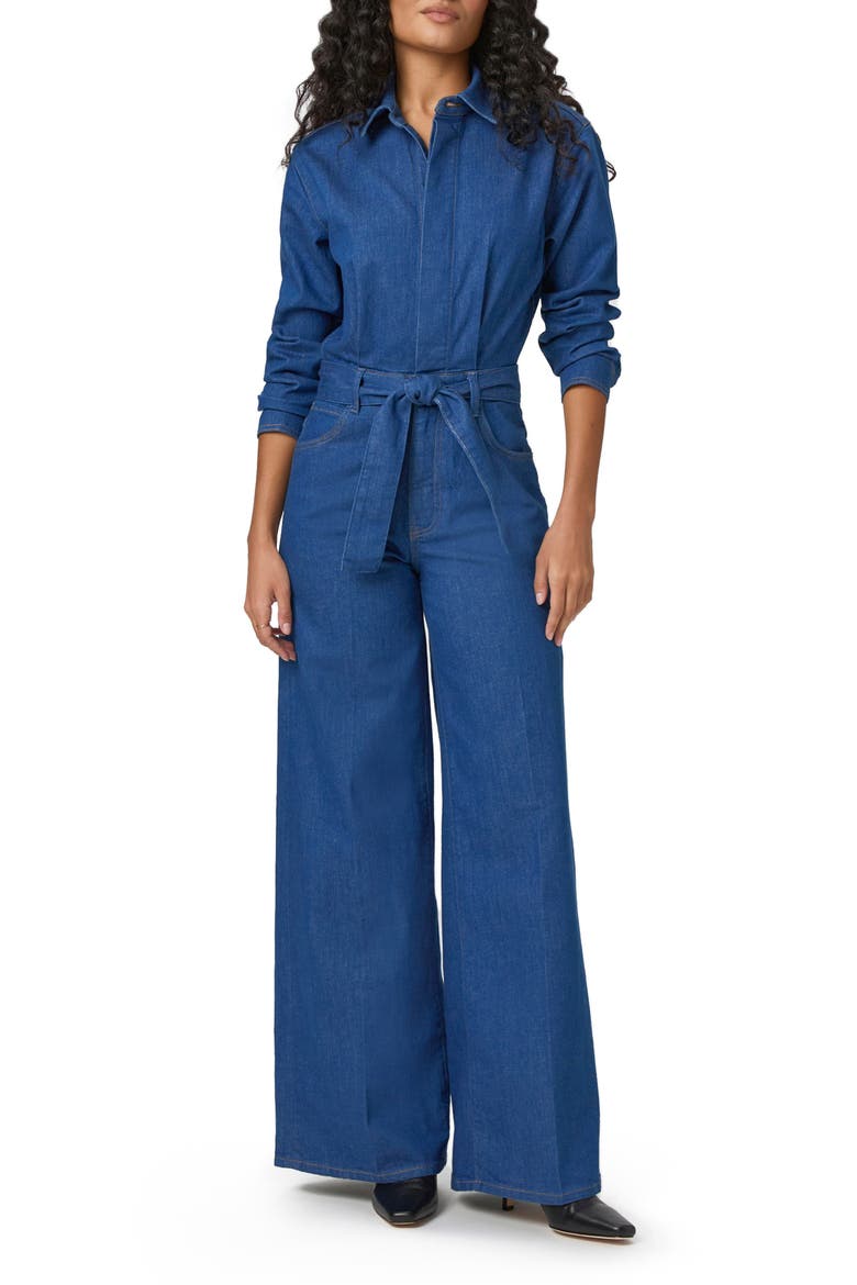 Cameron Tie Waist Long Sleeve Wide Leg Denim Jumpsuit, Main, color, MARAYA