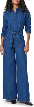 PAIGE Cameron Tie Waist Long Sleeve Wide Leg Denim Jumpsuit