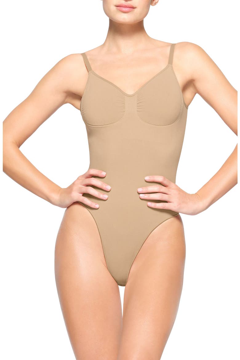 Seamless Sculpt Low Back Thong Bodysuit, Main, color, CLAY