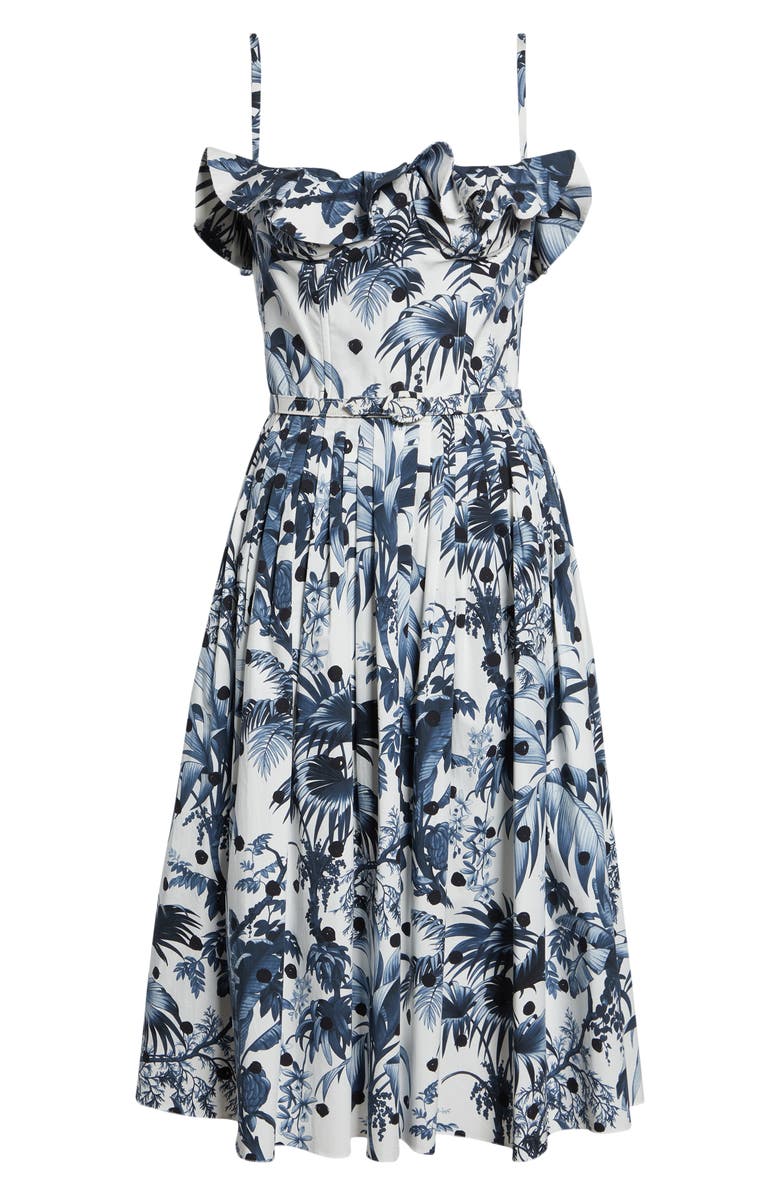 Oscar de la Renta Dotted Palm Leaves Poplin Sundress, Alternate, color, Navy/ White