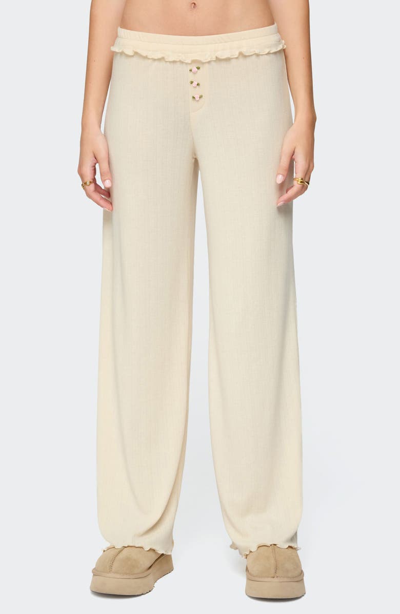 EDIKTED Posy Ruffle Pointelle Pants, Main, color, Yellow