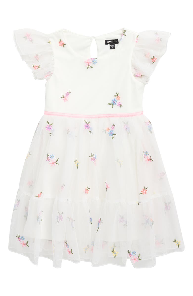 Zunie Kids' Embroidered Mesh Party Dress, Main, color, Ivory