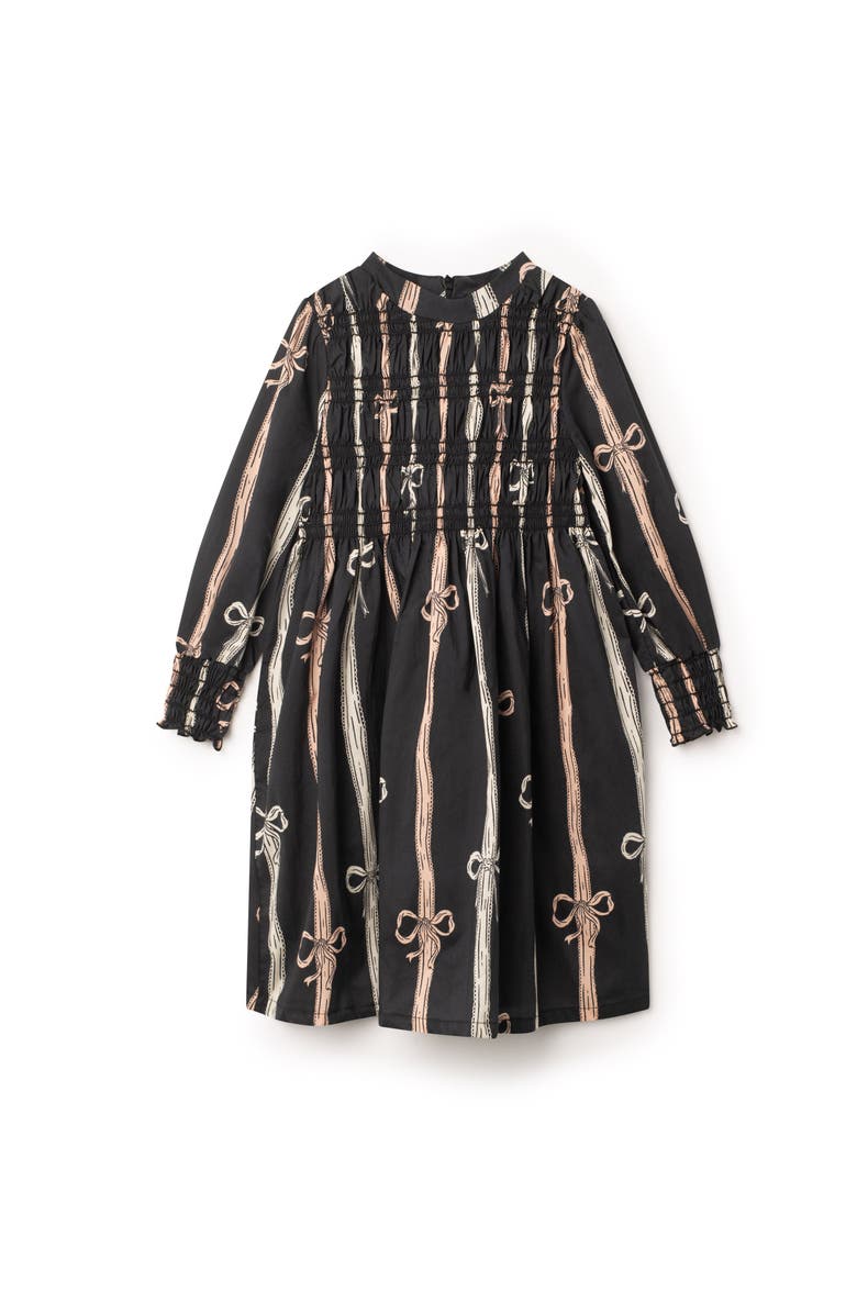Space Grey Long Sleeve Smocked Cuffs Shirtdress, Main, color, Black Bow-Print