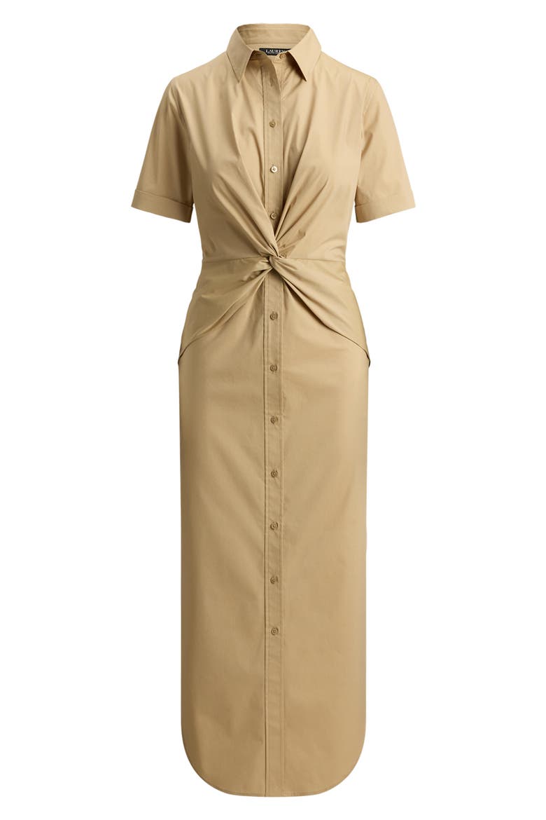 Twist Front Cotton Blend Shirtdress, Alternate, color, BIRCH TAN BEIGE