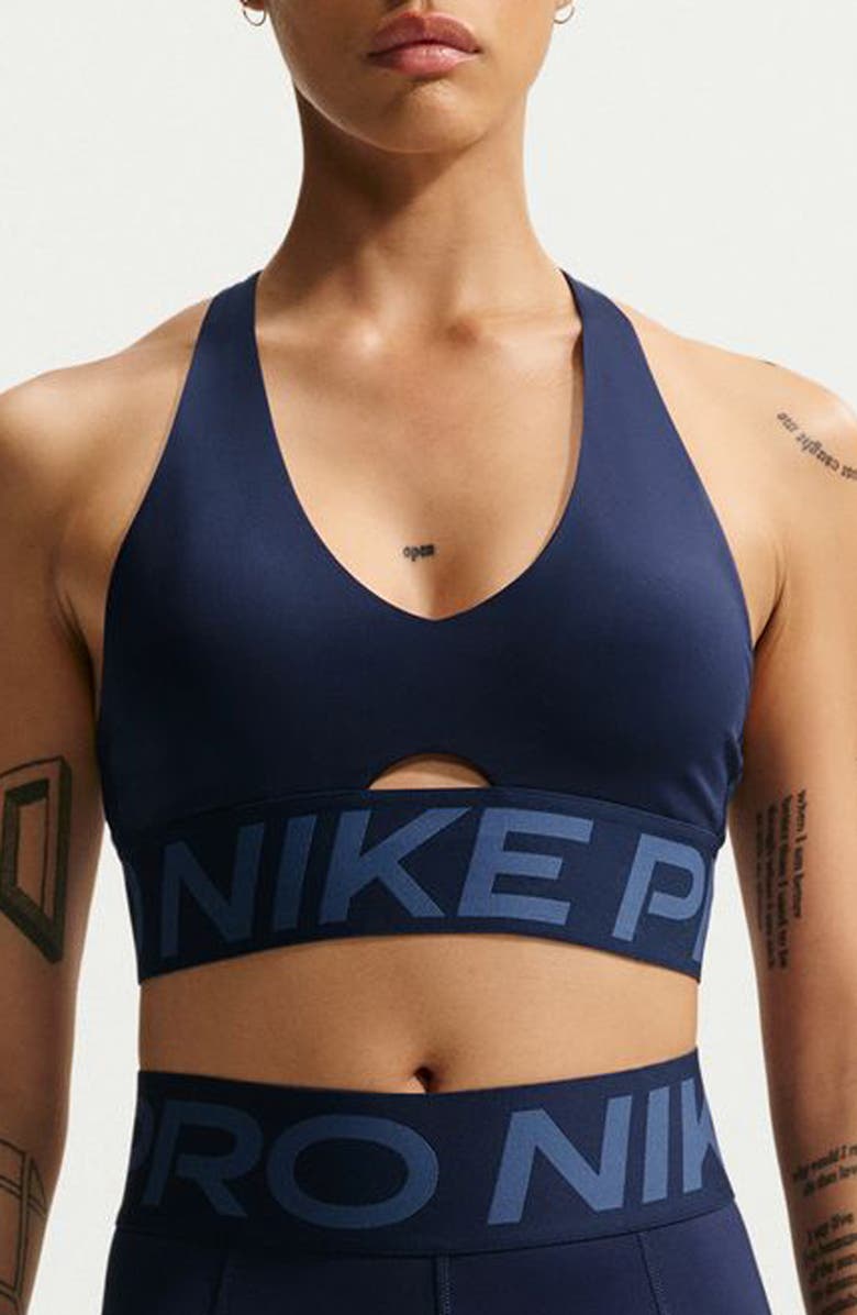 Nike Dri-FIT Cutout Racerback Sports Bra, Main, color, Midnight Navy/ Mystic Navy