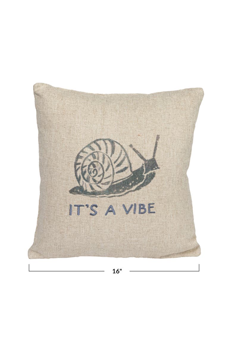 16-Inches Square Linen Blend Printed Pillow with Snail and "It's a Vibe" Text Embroidery, Natural and Gray, Alternate, color, Natural