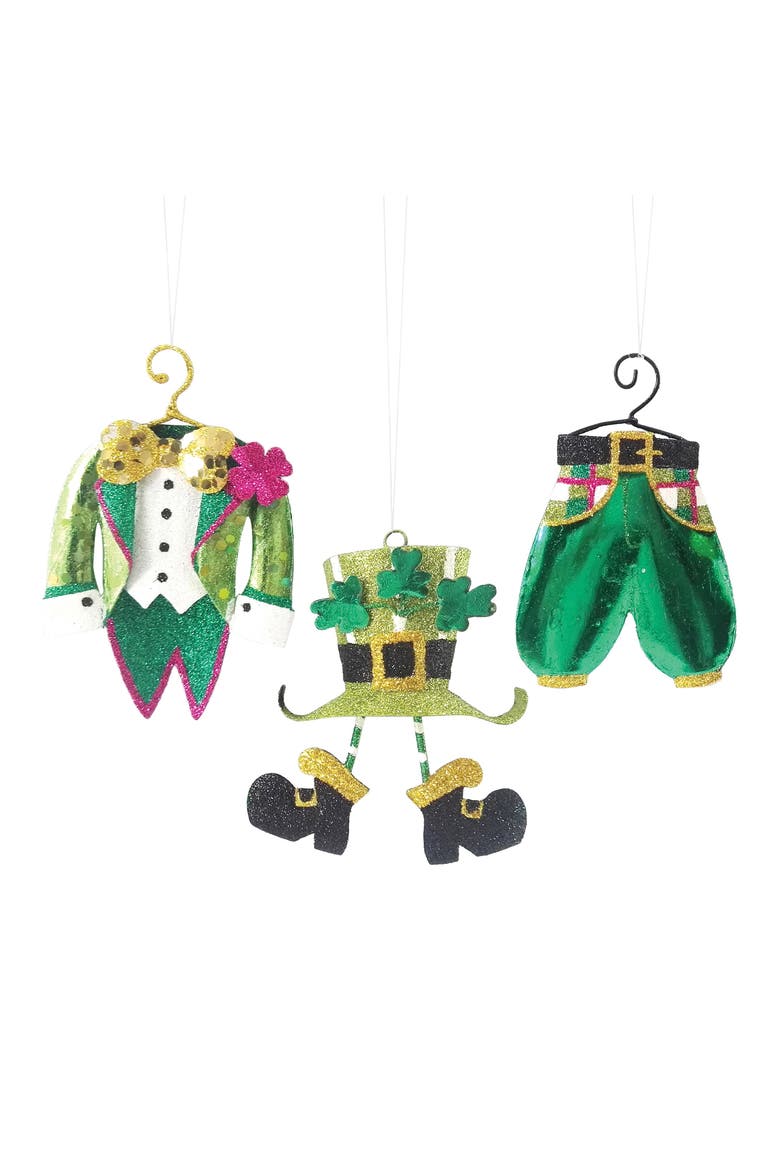 St. Patrick's Day Leprechaun Uniform Set of 3 Tree Ornaments, Main, color, Green