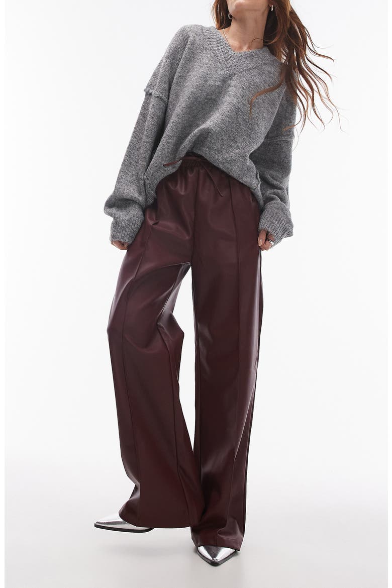 Faux Leather Wide Leg Drawstring Pants, Main, color, BURGUNDY