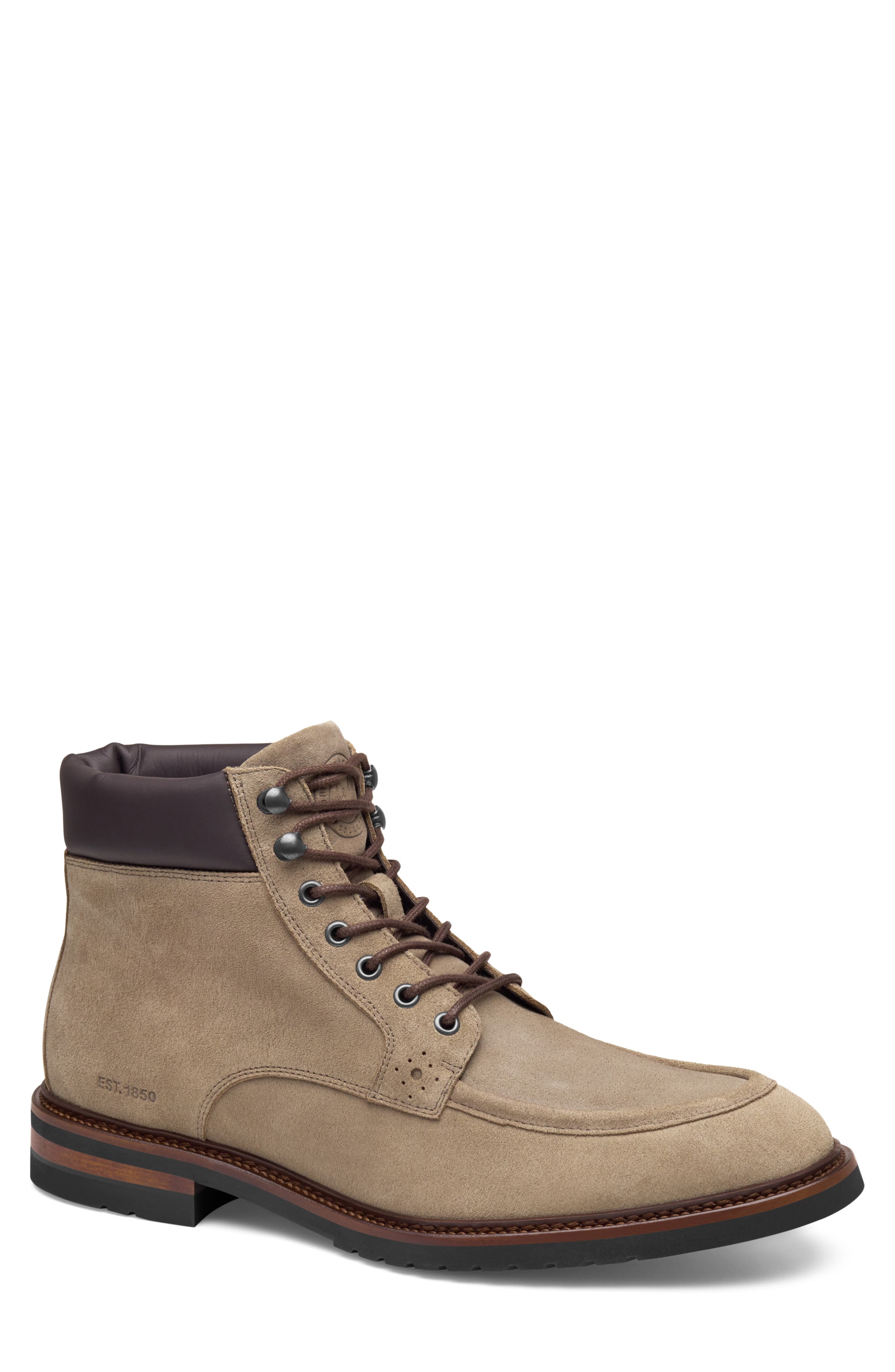 Hartford Moc Toe Boot, Main, color, DARK TAUPE ITALIAN SUEDE