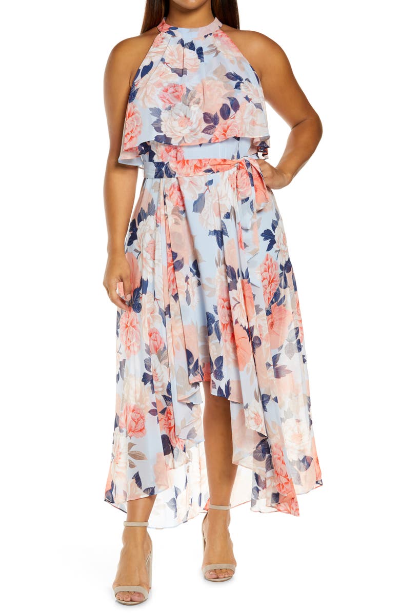 Eliza J Floral Popover Bodice High-Low Chiffon Dress, Main, color,