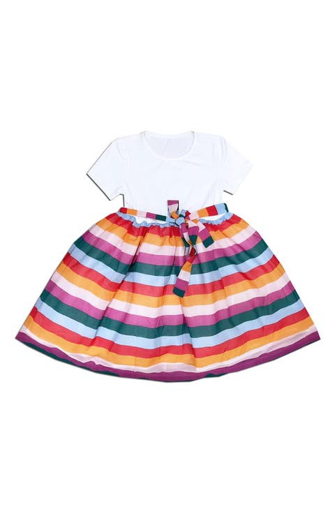 Stripe Print Sash Dress (Little & Big Girl)