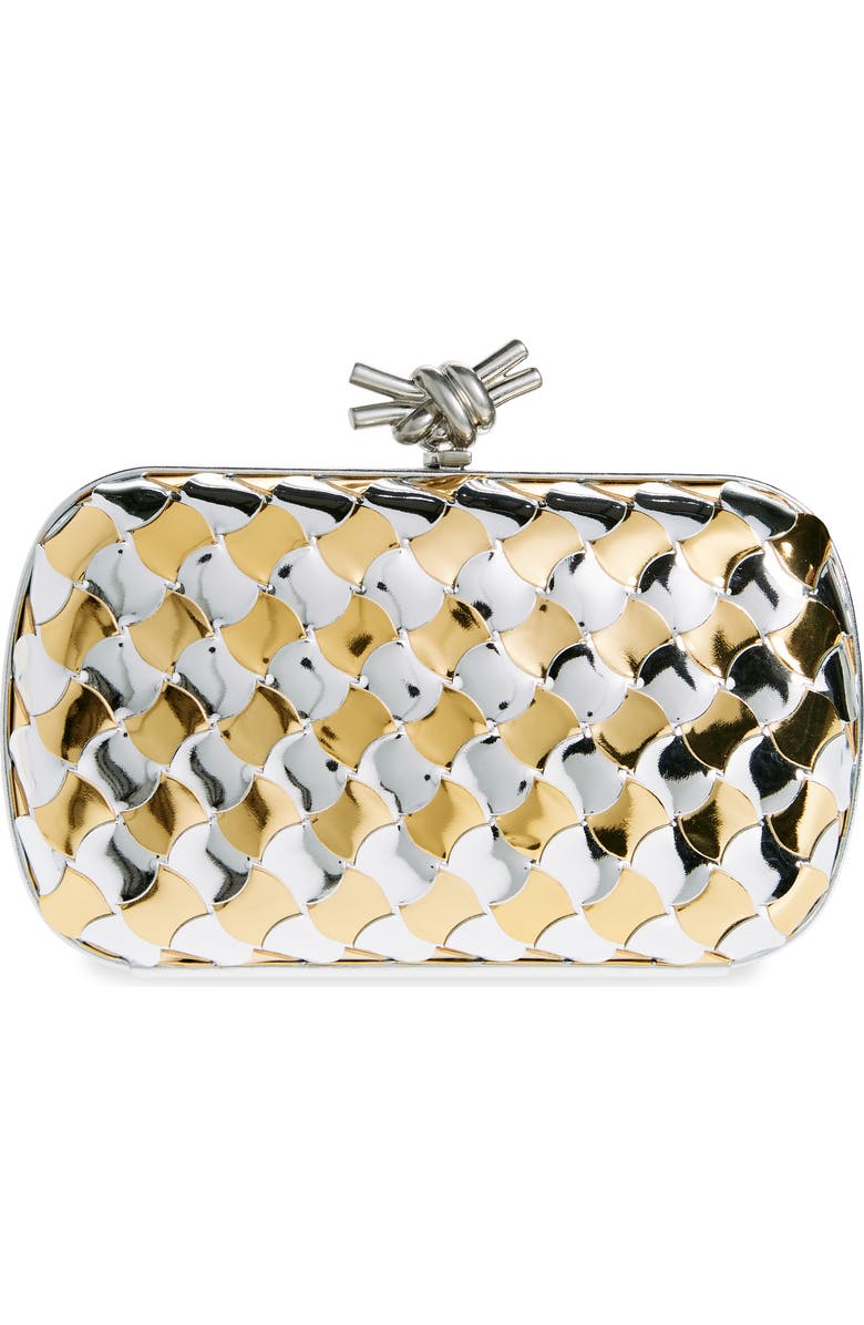 Bottega Veneta Knot Pavimento Metallic Leather Clutch, Main, color, Silver/ Gold