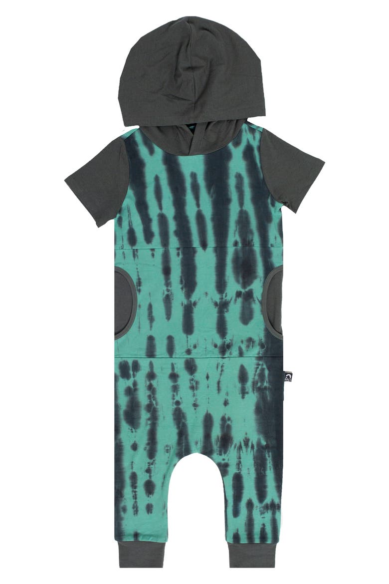 Tie Dye Hooded Short Sleeve Romper, Main, color, BASIL