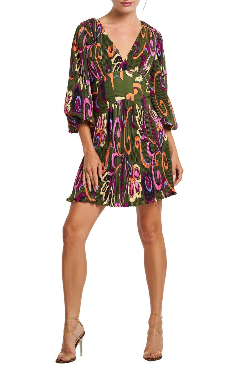 Candice Plissé Fit & Flare Dress, Main, color, GREEN MULTI