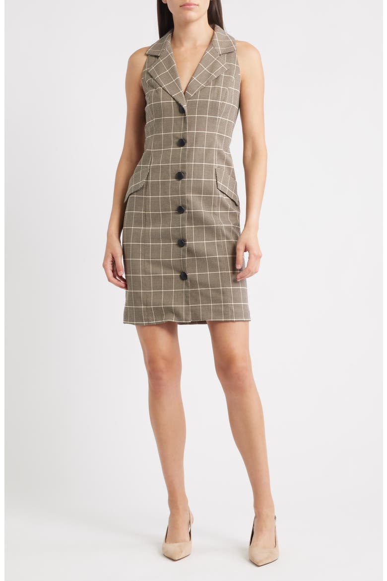 Windowpane Plaid Coat Dress, Main, color, BLACK TAN