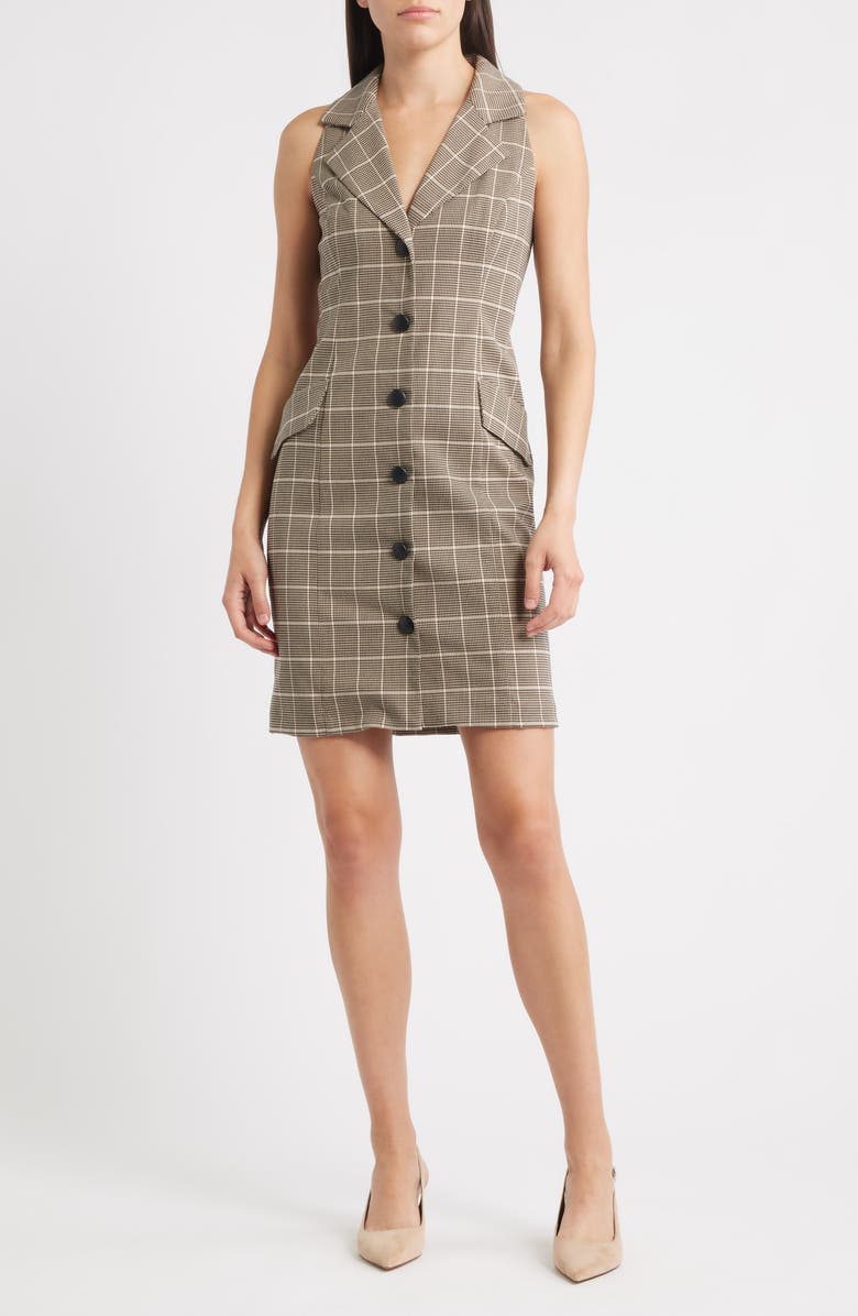 Vince Camuto Windowpane Plaid Coat Dress, Main, color, Black Tan