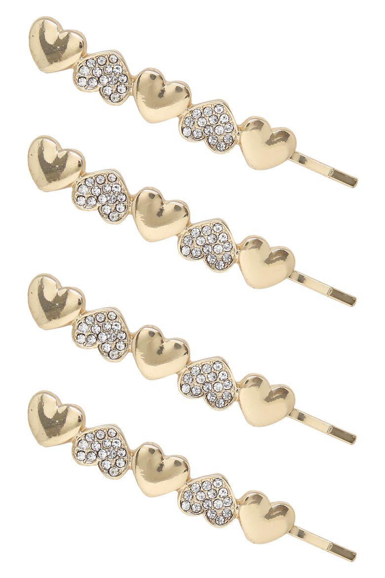 4-Pack Crystal Heart Bobby Pins, Main, color, GOLD