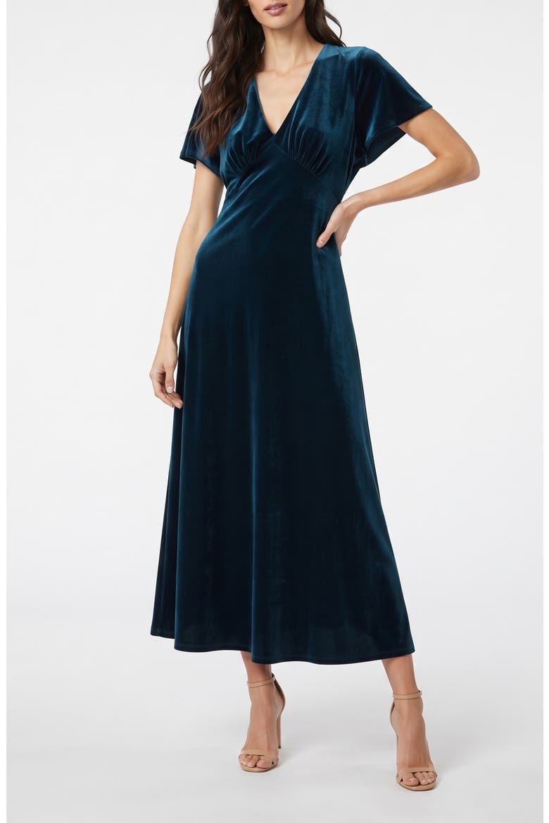 Velvet Empire Waist Midi Dress, Main, color, BLUE LAGOON