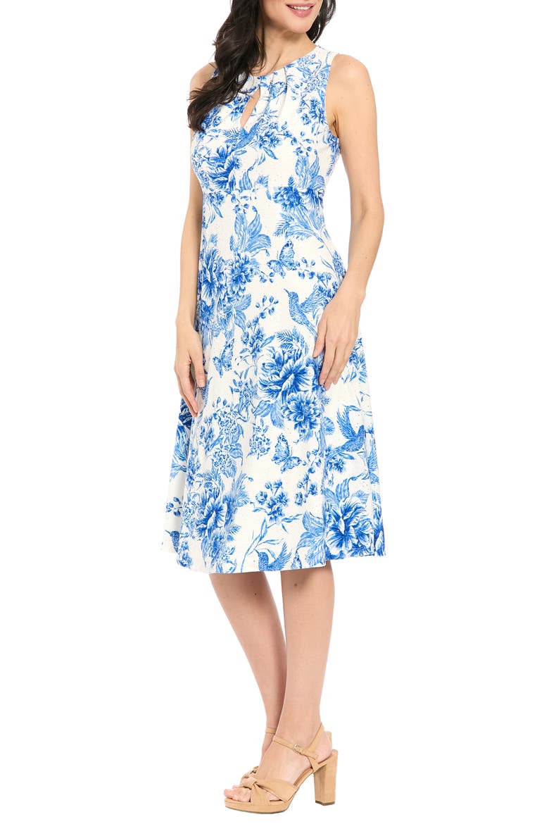 Floral Keyhole Sleeveless A-Line MIdi Dress, Alternate, color, SOFT WHITE/ SKY BLUE