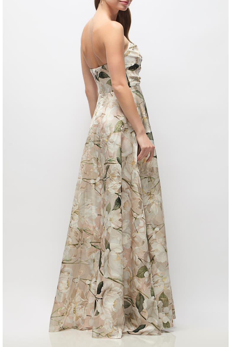 Alden Metallic Plumeria Strapless Organza Gown, Alternate, color, PLUMERIA FLORAL PRINT