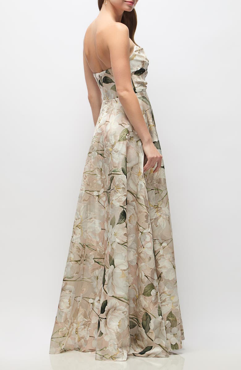 Dessy Collection Alden Metallic Plumeria Strapless Organza Gown, Alternate, color, Plumeria Floral Print