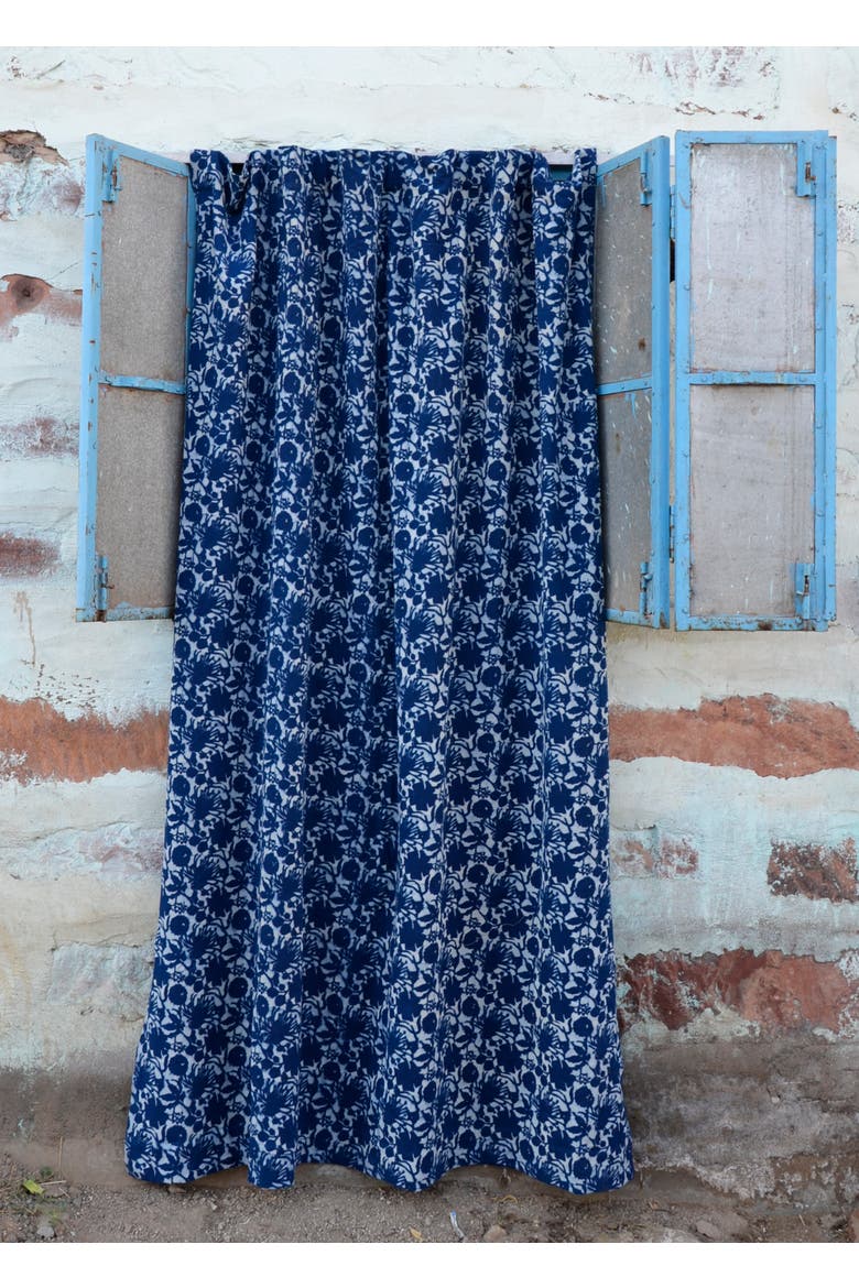 Boho Window Curtain Flowers Cotton Panel, Alternate, color, Indigo Blue, White